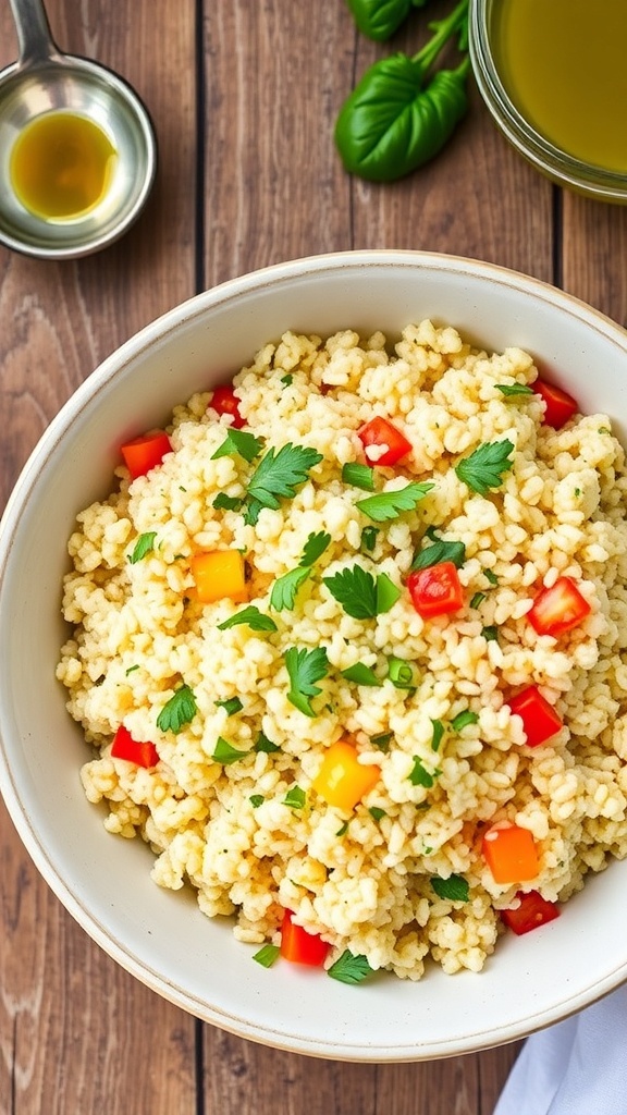 Fluffy quinoa in a bowl, garnished with herbs and vegetables on a wooden table.